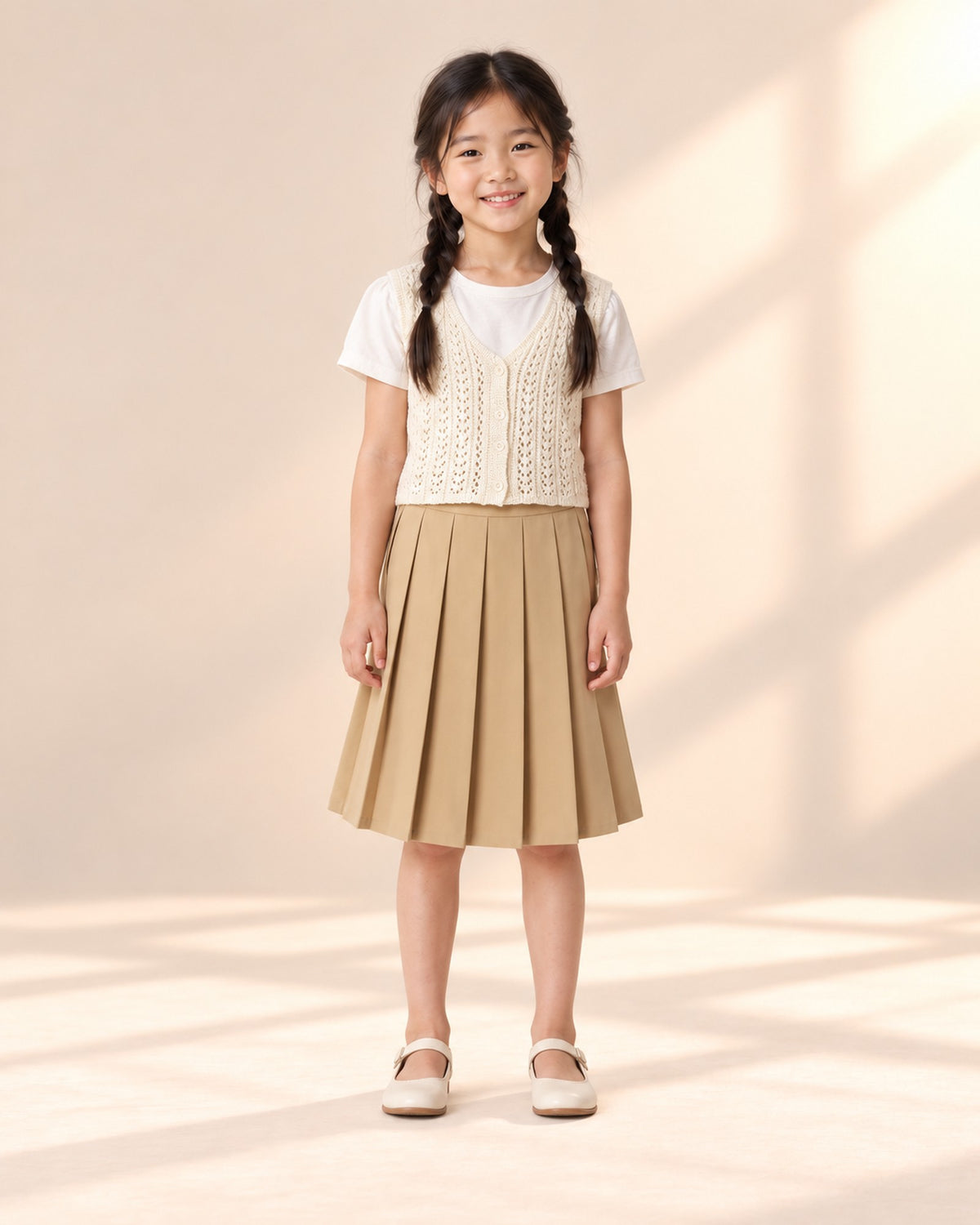 Front view of a girl in the camel midi skirt and a cream crochet knit vest over a white blouse, full length – Camel