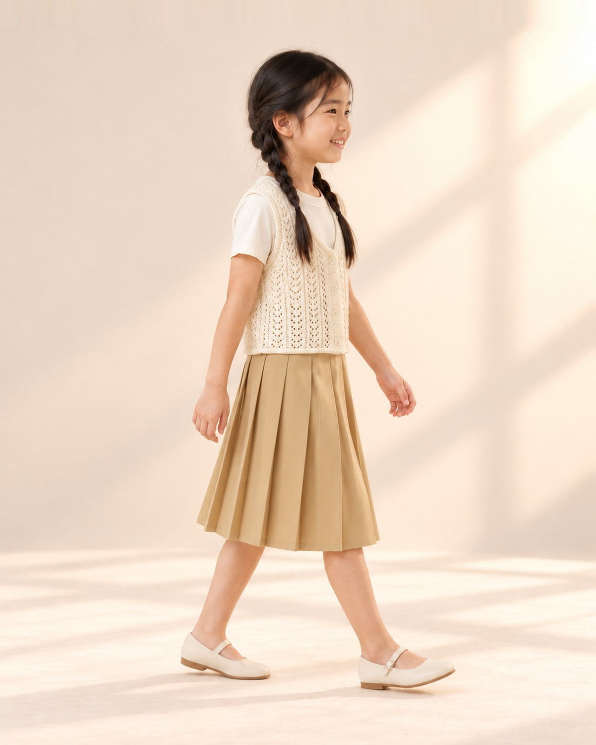 Side view of the long camel pleats with the crochet vest – Camel