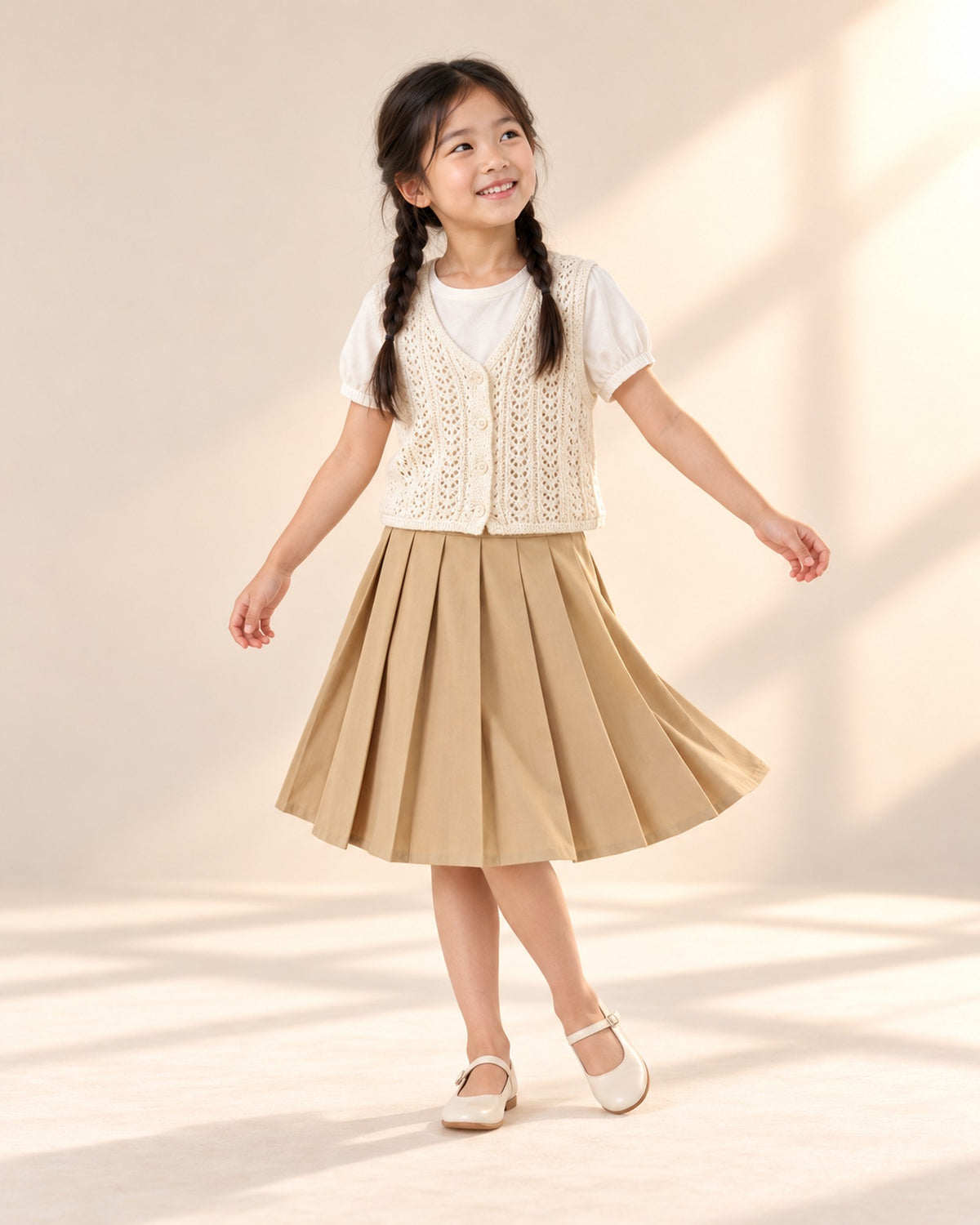 Girl in the camel pleated midi skirt and crochet vest, standing relaxed – Camel