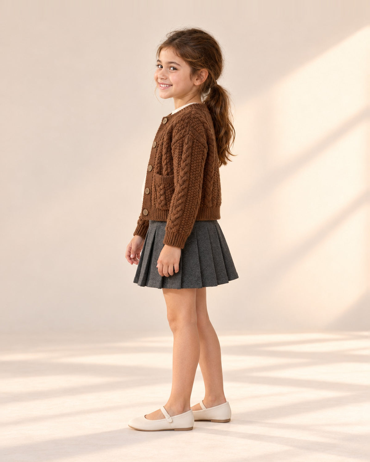 Side view of the charcoal skirt pleats with the brown cable cardigan – Charcoal