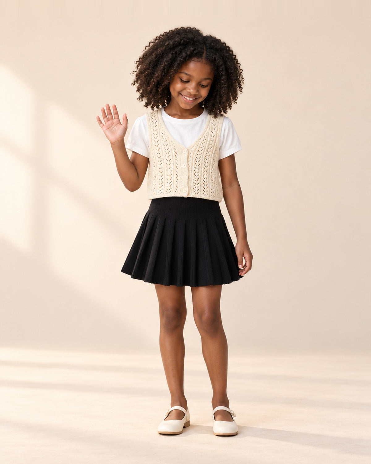 Front view of a girl in the black knit skirt and a cream crochet knit vest over a white blouse, full length – Black
