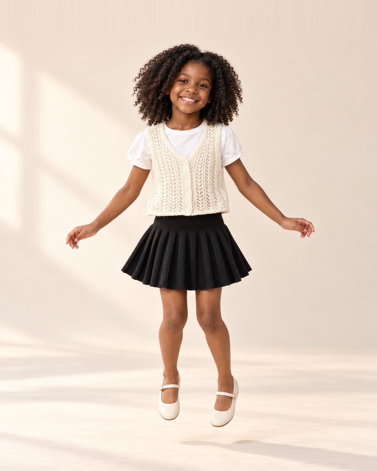 Girl in the black knit pleated skirt and crochet vest, standing relaxed – Black
