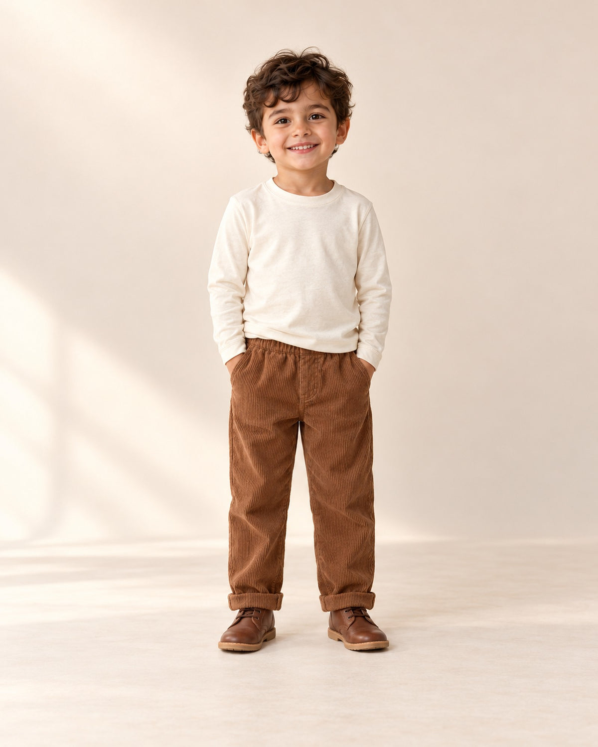 Front view of a boy in a cream long sleeve tee and brown corduroy pull-on pants – Cream