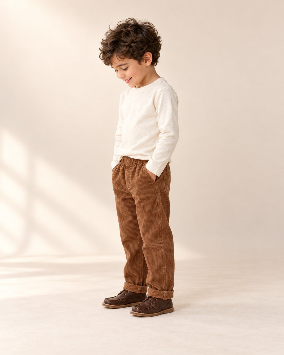Side view of the cream tee showing the long sleeves and straight hem – Cream