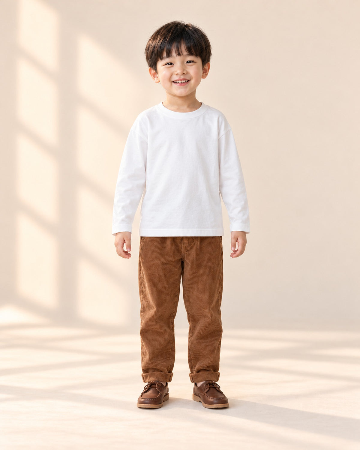 Front view of a boy in the white long-sleeve tee and brown corduroy pull-on pants, full length – White