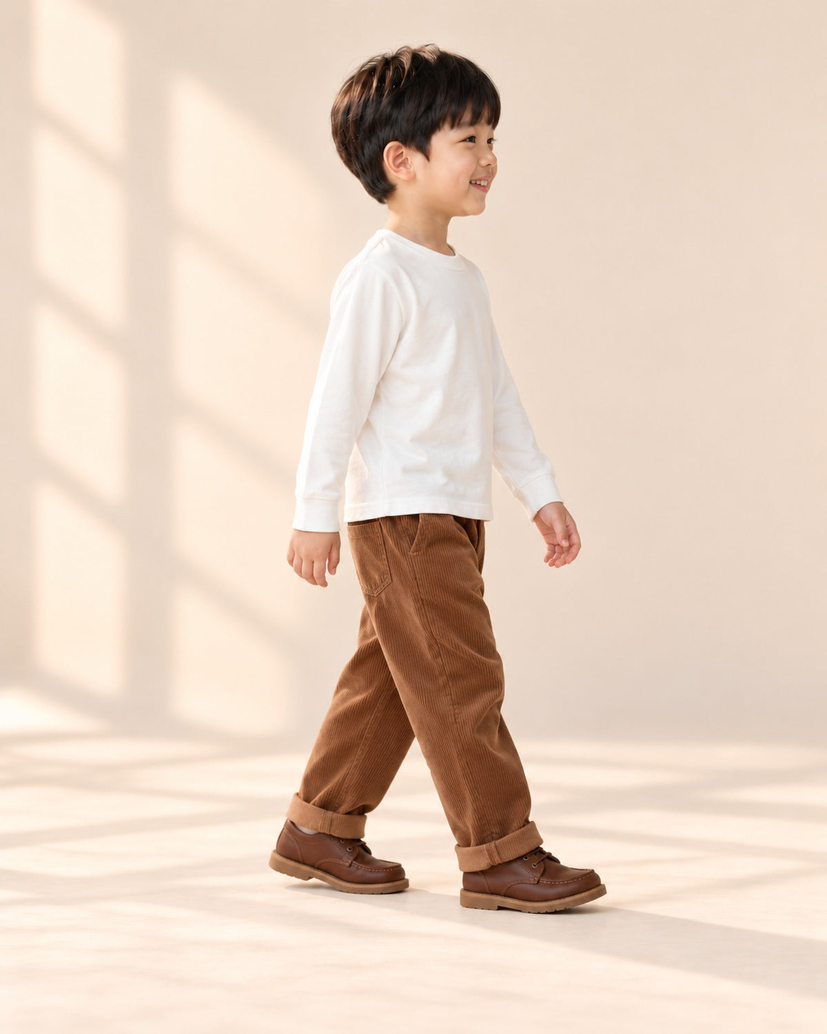 Side view of the white tee worn untucked with the corduroy pants – White