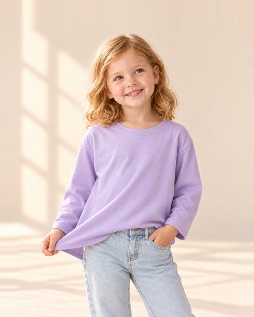 Close-up of the lilac long-sleeve tee with a ribbed crew neck – Lilac