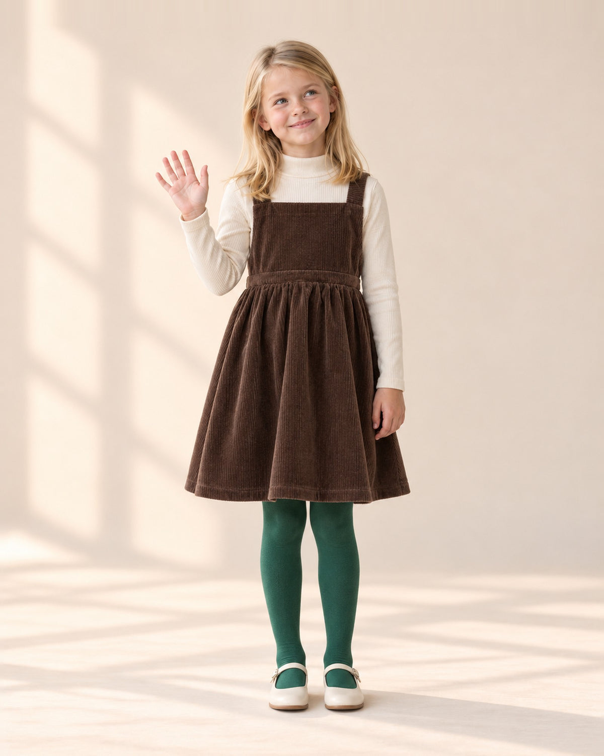 Front view of a girl in a cream turtleneck under a chocolate velvet corduroy pinafore – Cream