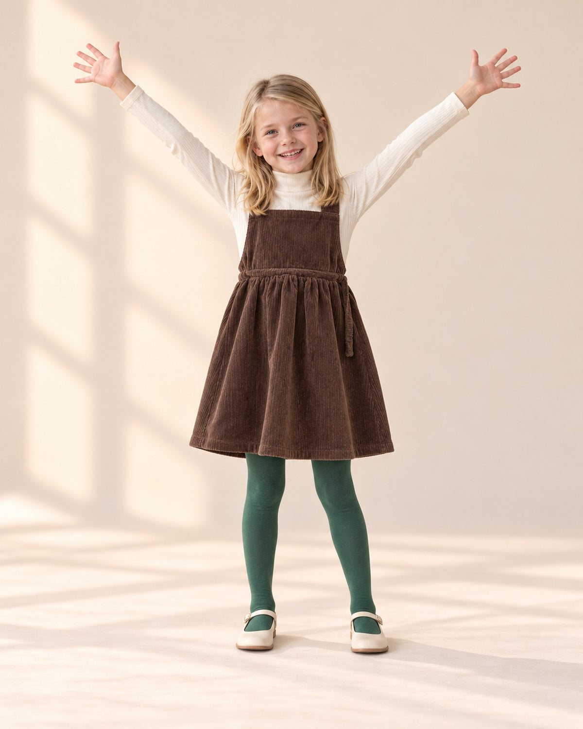 Girl twirling in a cream turtleneck and brown pinafore dress – Cream