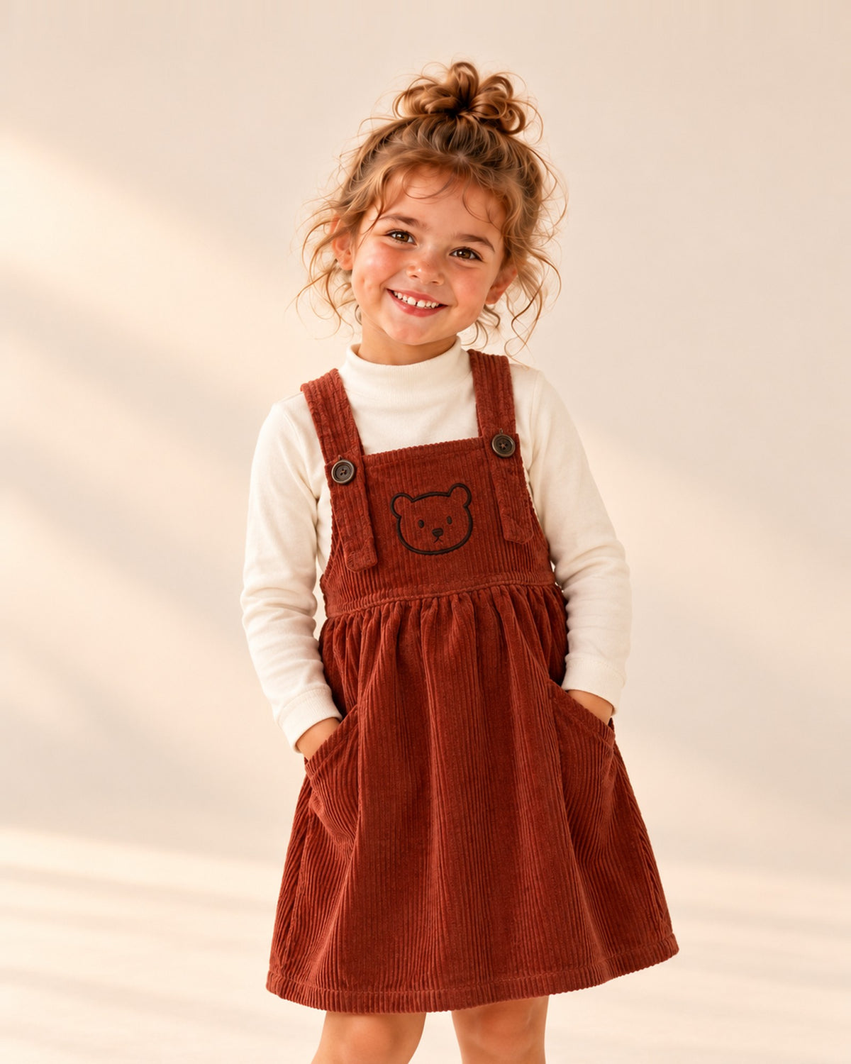 Girl in the Sadie cream mock neck top, shown from head to hem – Cream