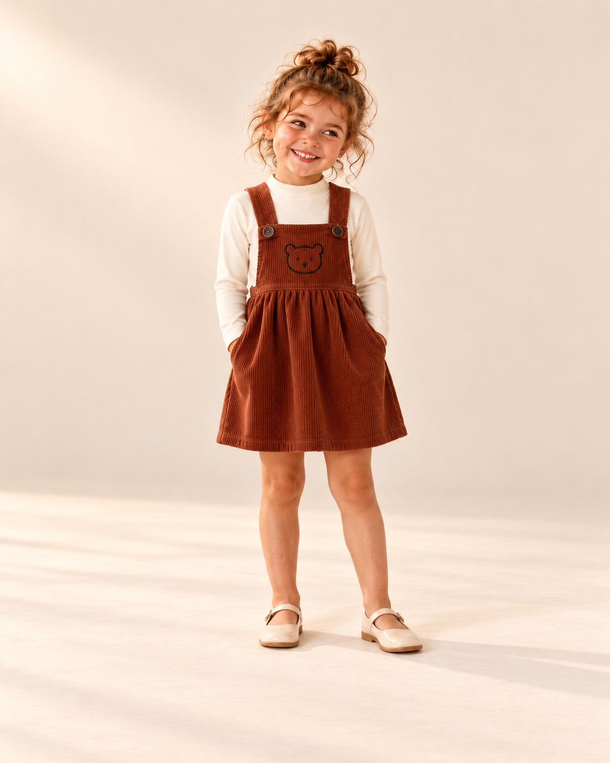 Front view of a girl in the cream mock neck top under a rust teddy corduroy pinafore, full length – Cream