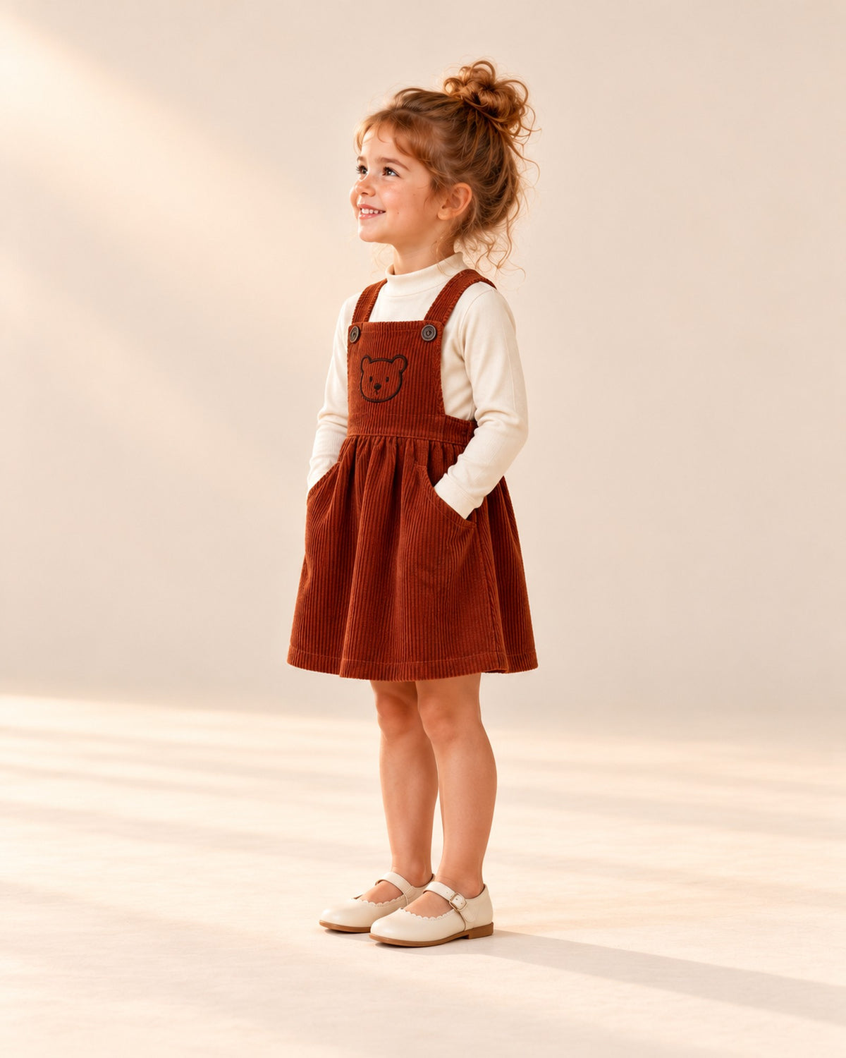 Side view of the cream mock neck top layered under the rust pinafore – Cream