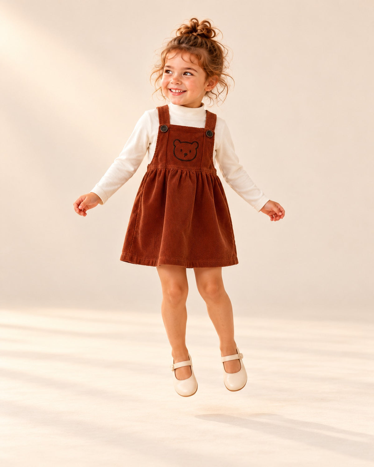 Girl standing relaxed in the cream mock neck top and rust pinafore – Cream