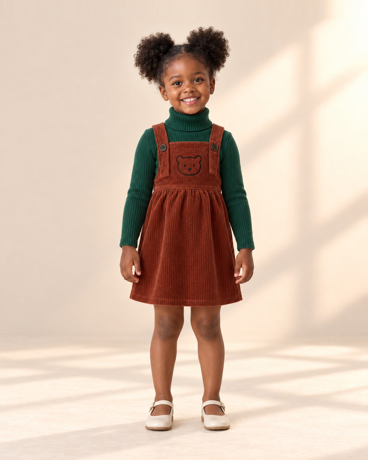 Front view of a girl in the green turtleneck under a rust teddy corduroy pinafore, full length – Forest Green