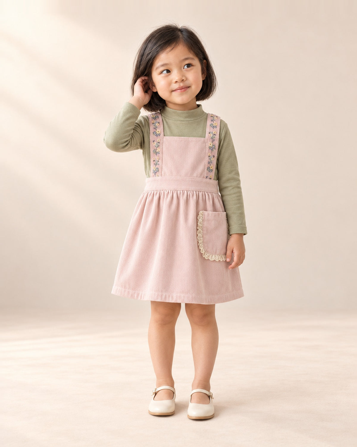 Front view of a girl in the sage mock-neck top under a pink corduroy pinafore, full length – Sage