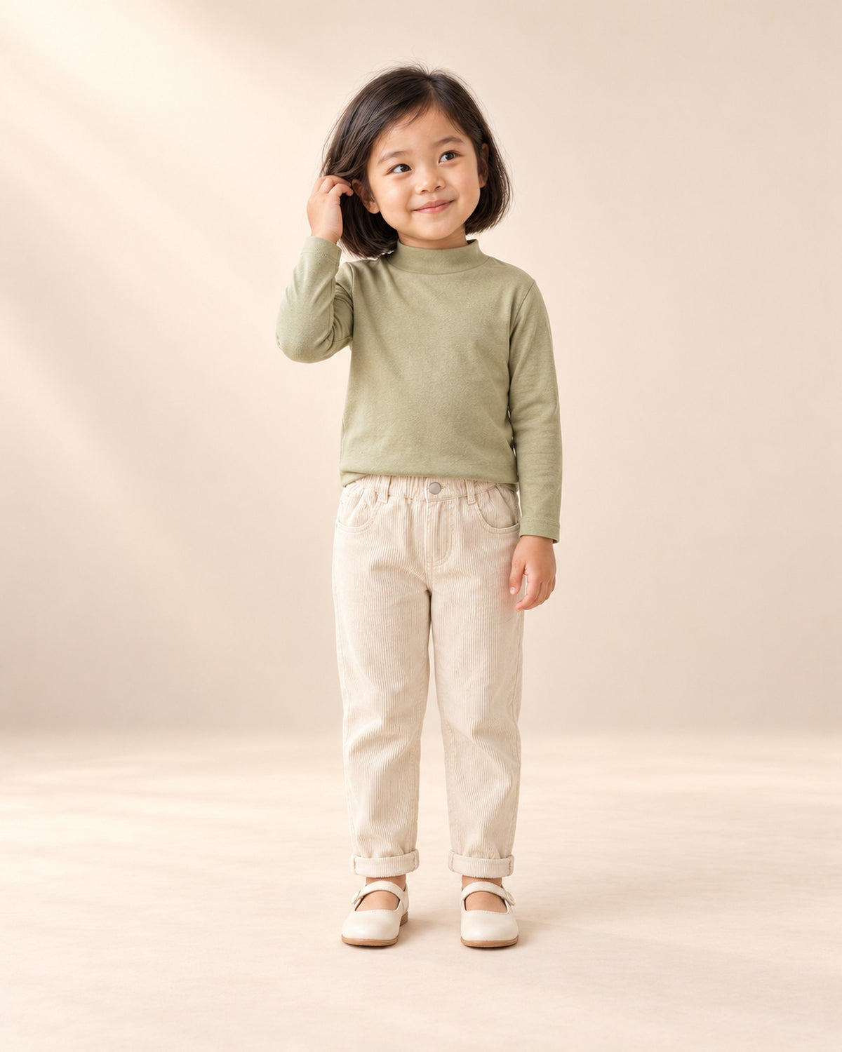 Front view of a girl in the sage mock-neck top with cream corduroy pants, full length – Sage
