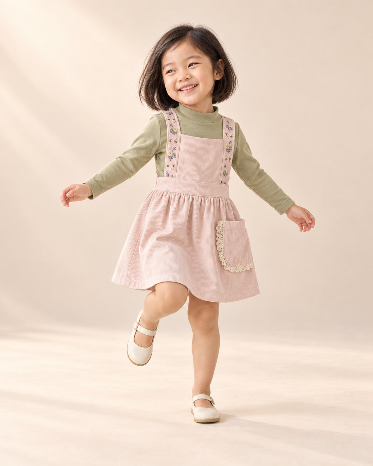 Girl in the sage mock-neck top and pink corduroy pinafore, standing relaxed – Sage