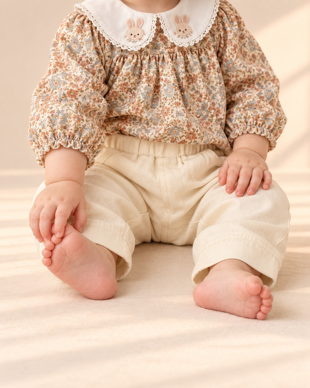 Close-up from waist to feet of cream lightweight baby pants with side pockets – Cream