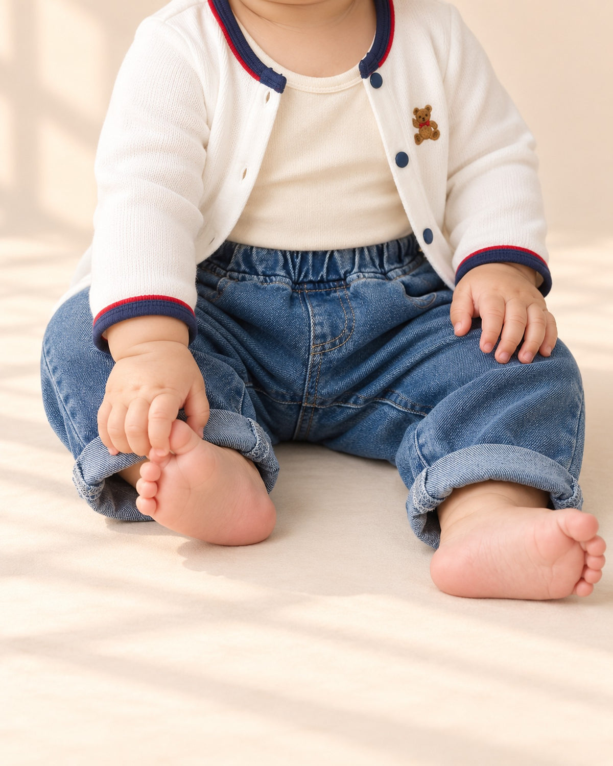 Close-up from waist to feet of mid-blue pull-on baby jeans with rolled cuffs – Mid Wash