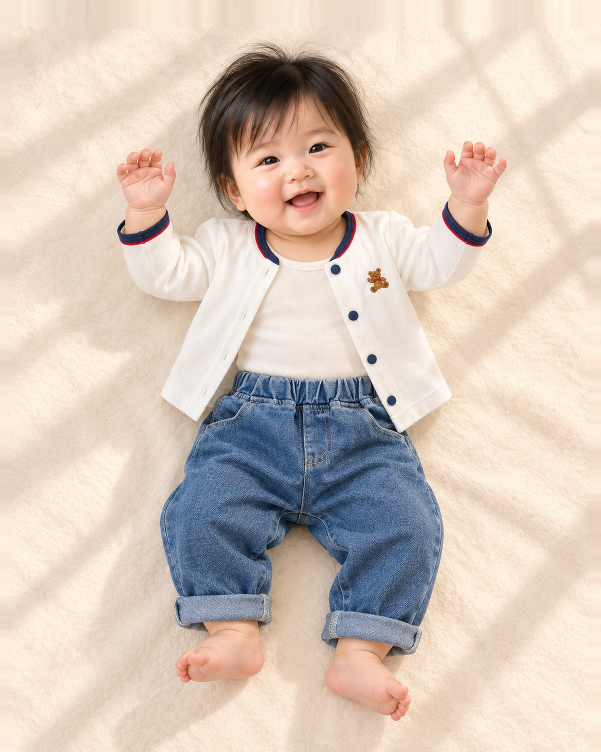 Front view of a baby in the blue jeans and an open white cardigan with a tiny bear over a cream bodysuit, full length – Mid Wash