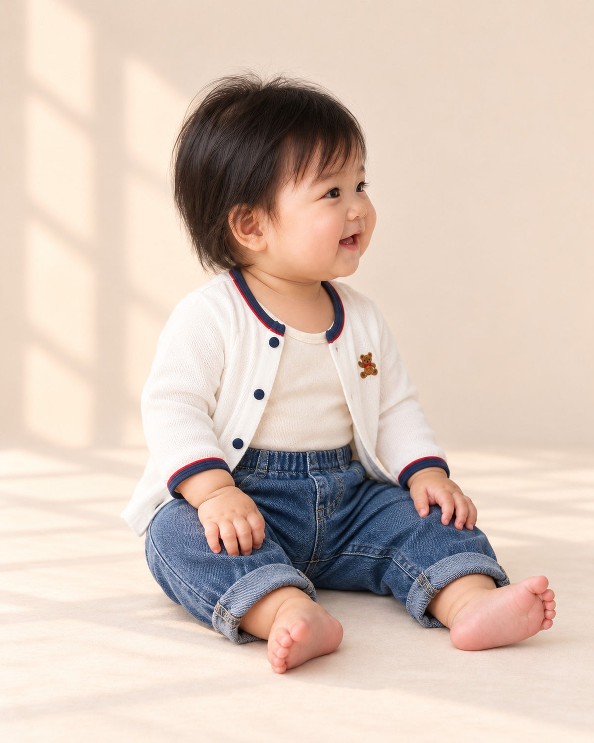 Side view of the baby jeans with the white bear cardigan – Mid Wash