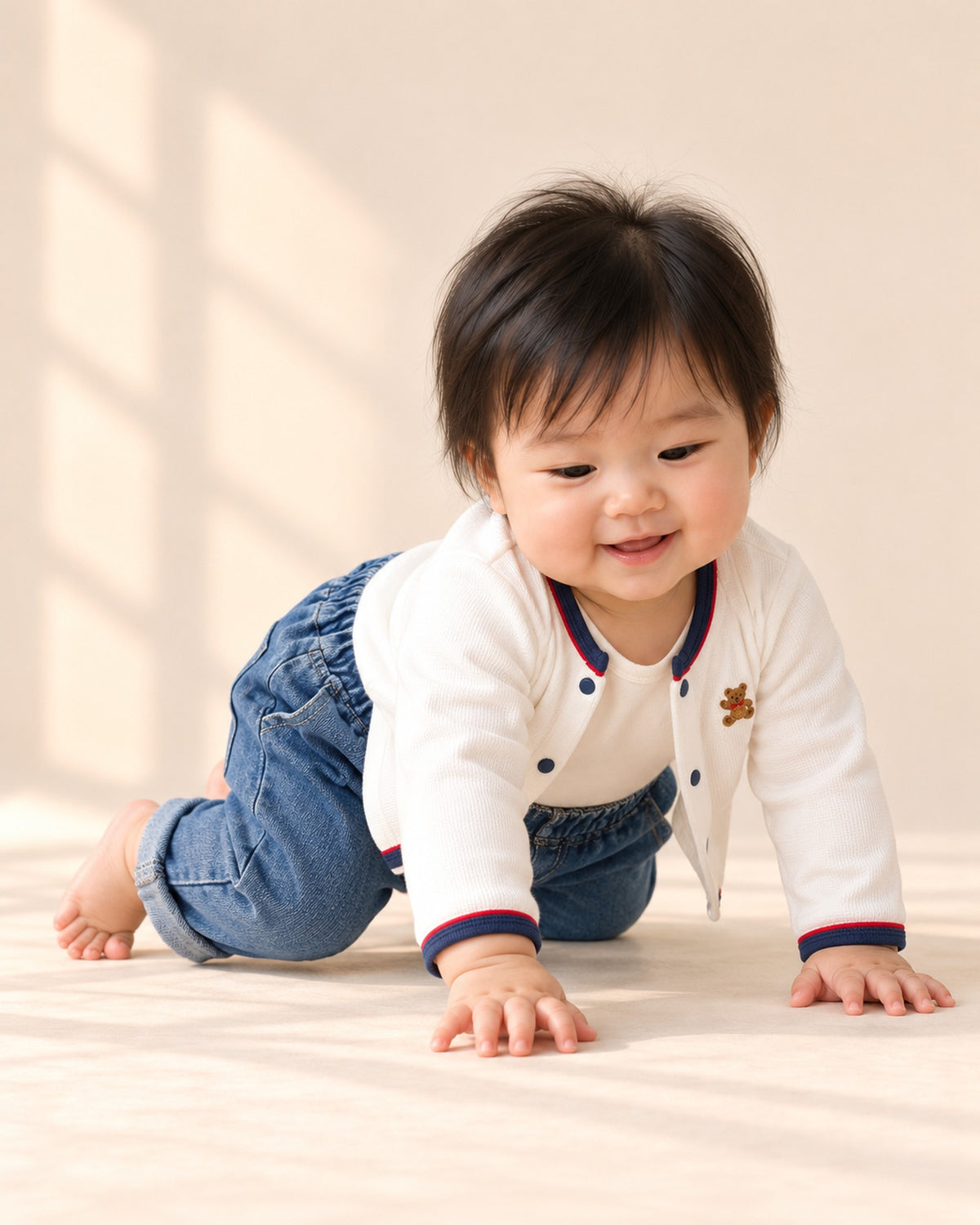 Baby in the pull-on jeans and white bear cardigan, shown relaxed – Mid Wash