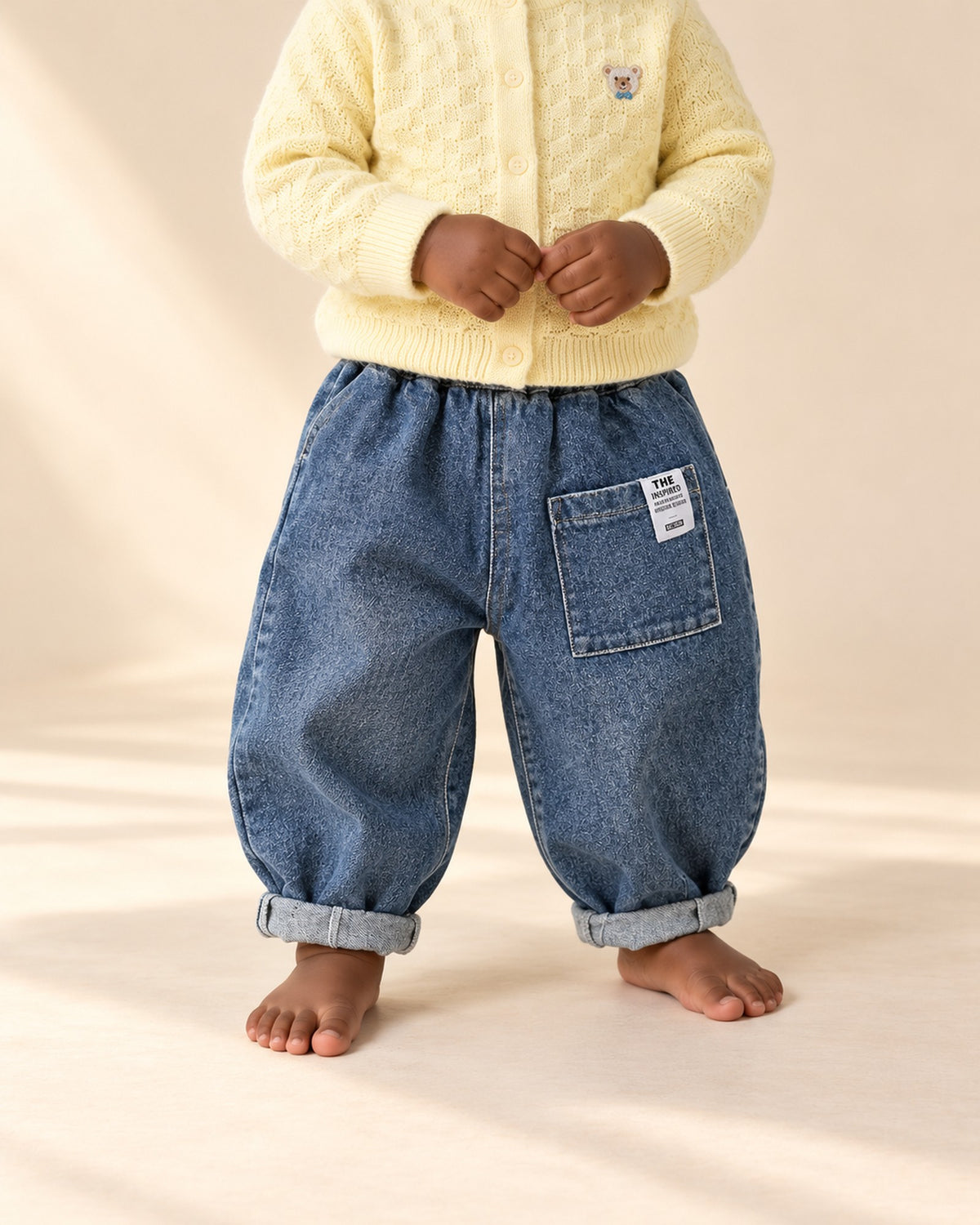 Close-up from waist to feet of mid wash balloon-leg toddler jeans with rolled hems – Mid Wash