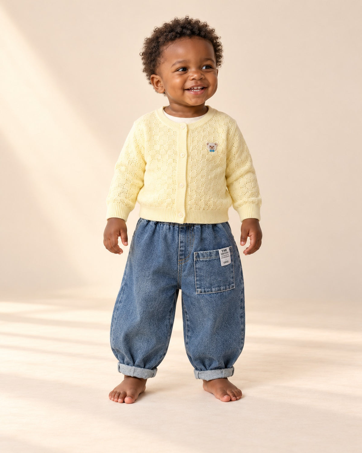 Front view of a toddler in the patch pocket jeans and a butter yellow bear cardigan over a cream top, full length – Mid Wash