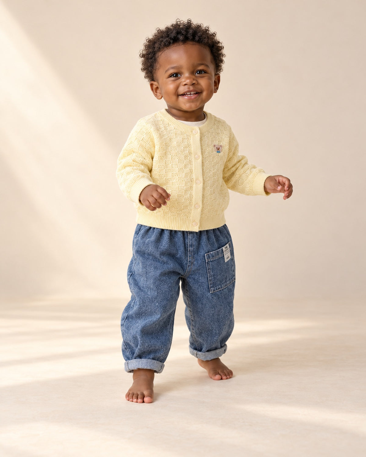 Toddler in the mid wash jeans and yellow bear cardigan, standing relaxed – Mid Wash