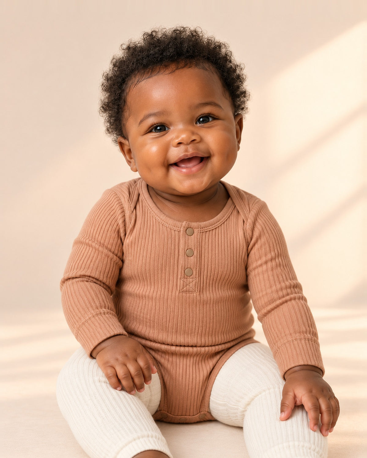 Baby in the Theo caramel ribbed henley bodysuit, shown from head to hem – Caramel