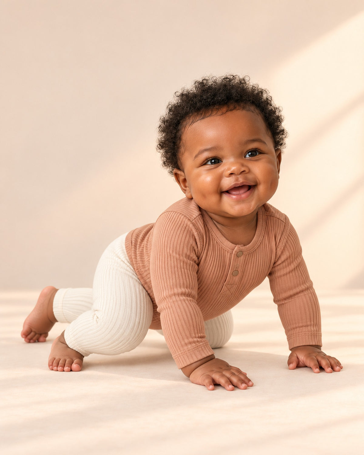 Baby sitting happily in the caramel henley bodysuit and cream leggings – Caramel