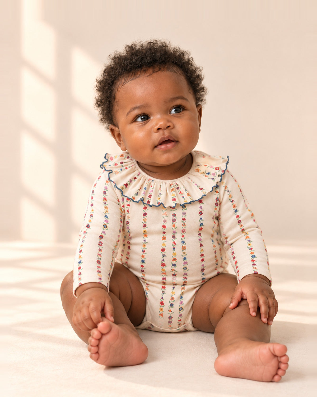 Close-up of the cream floral bodysuit with a wide ruffle collar – Floral Stripe