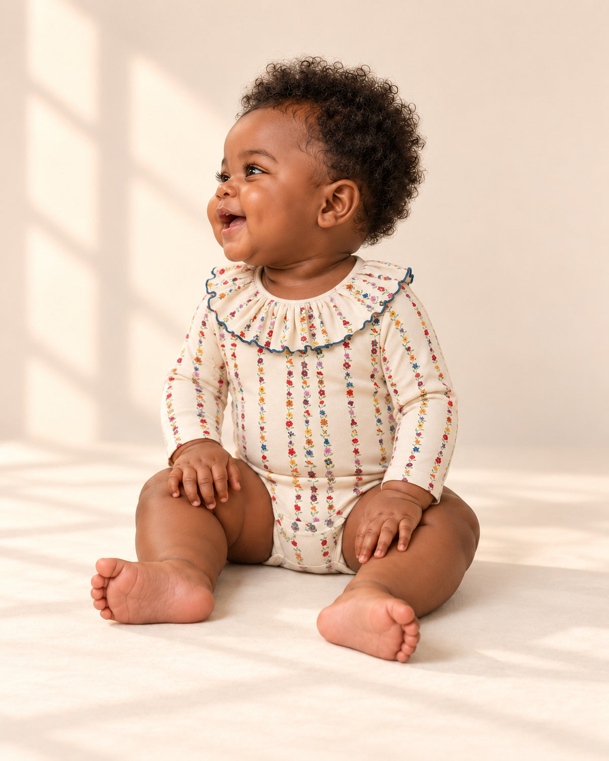 Side view of the floral bodysuit with an open cream cable knit cardigan – Floral Stripe