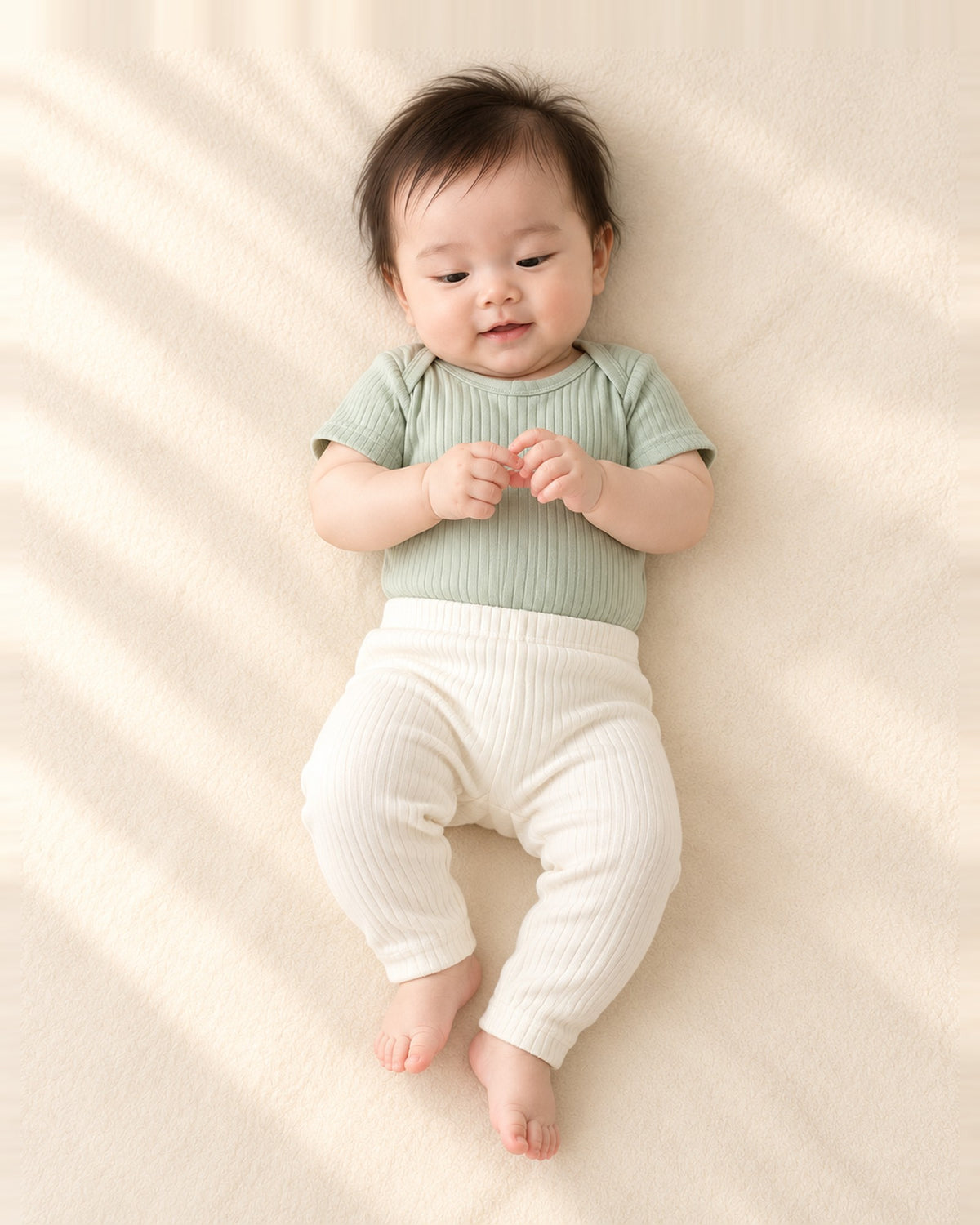 Close-up of the sage ribbed short-sleeve bodysuit with envelope shoulders – Sage