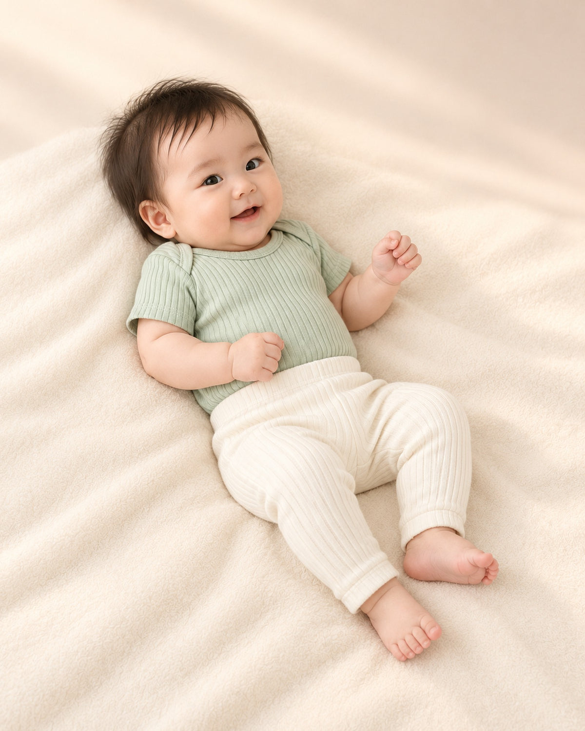 Side view of the sage bodysuit with the cream leggings – Sage