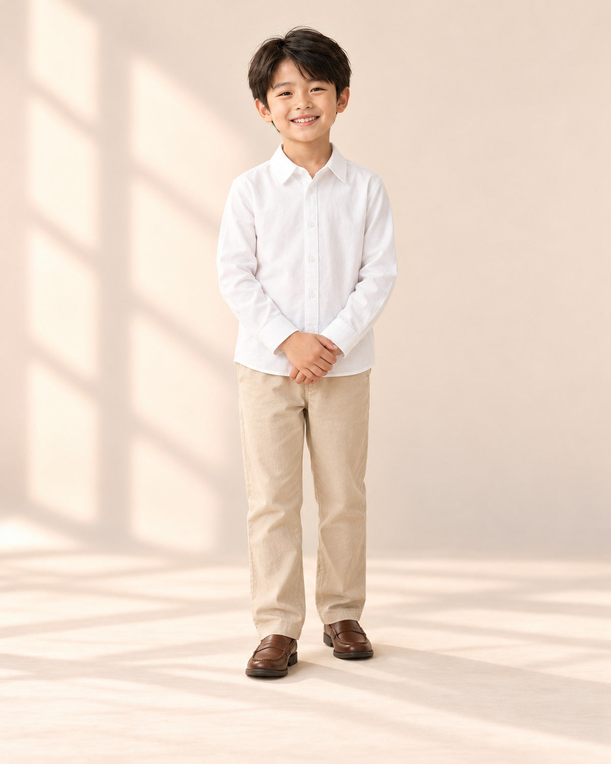 Front view of a boy in the white collared shirt, full length – White