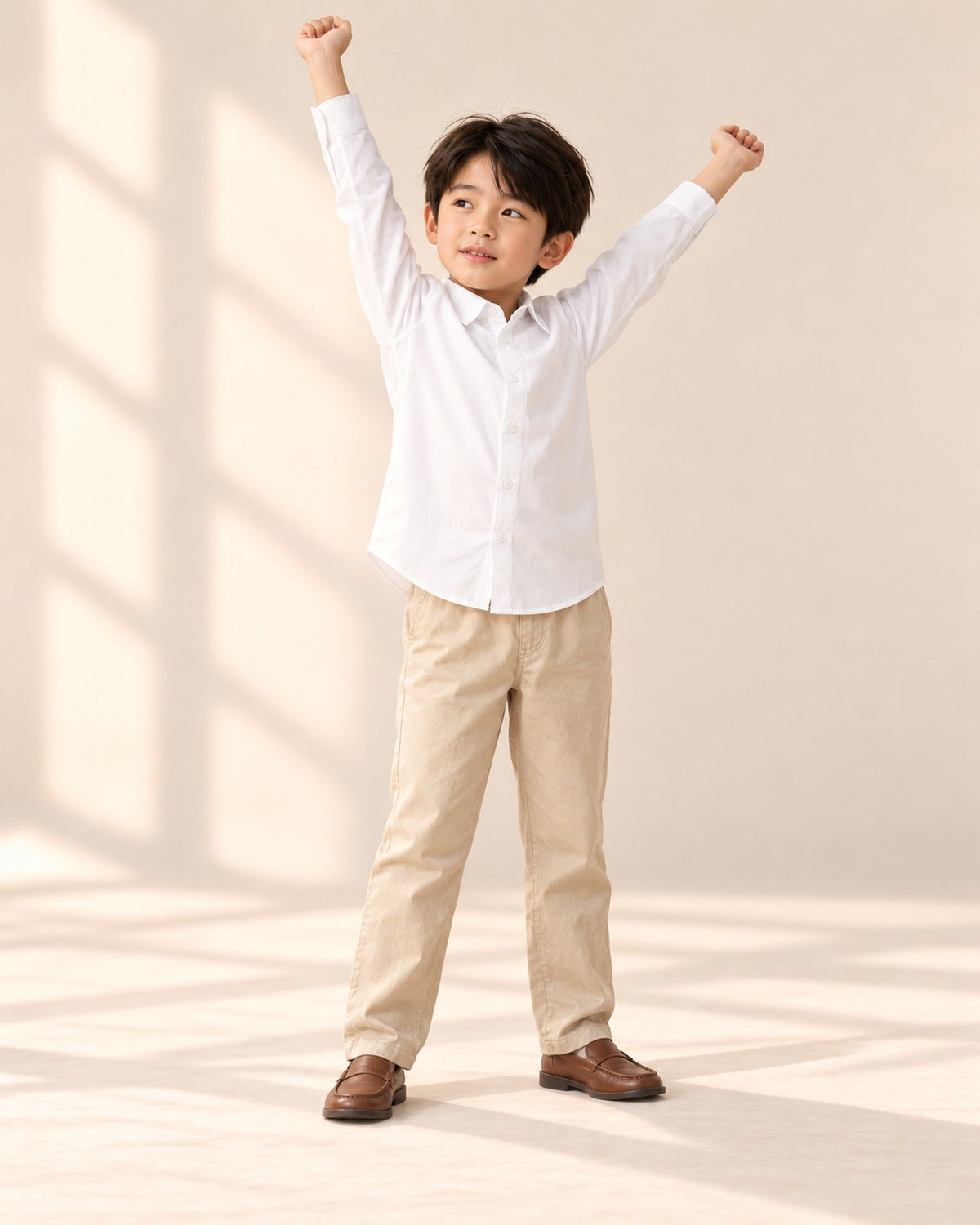 Boy in the white shirt and green cricket sweater vest, standing at ease – White