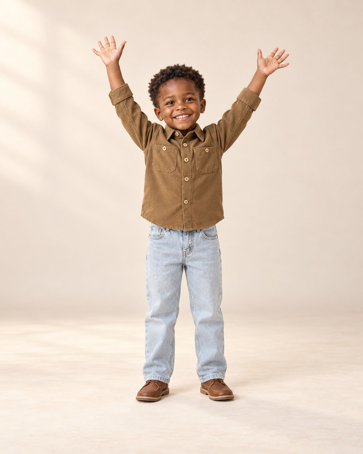 Boy walking in the camel cotton shirt and light jeans – Camel