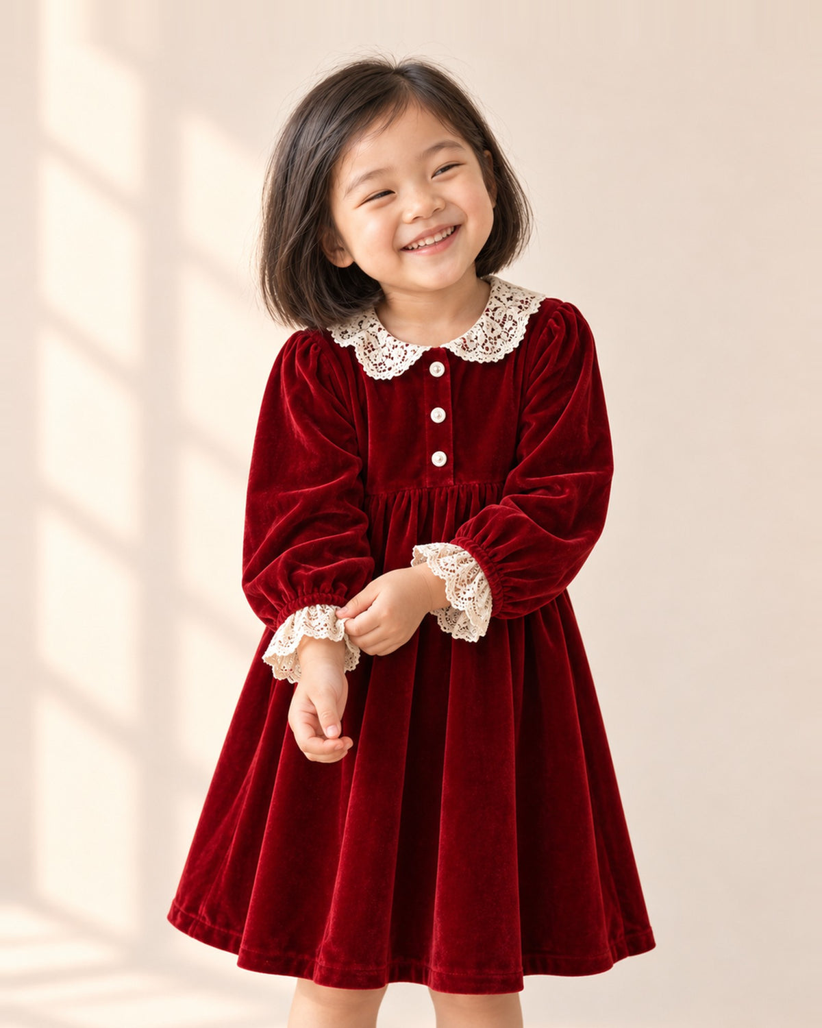 Girl in the Scarlett red velvet dress with a white lace collar, shown from head to hem – Red