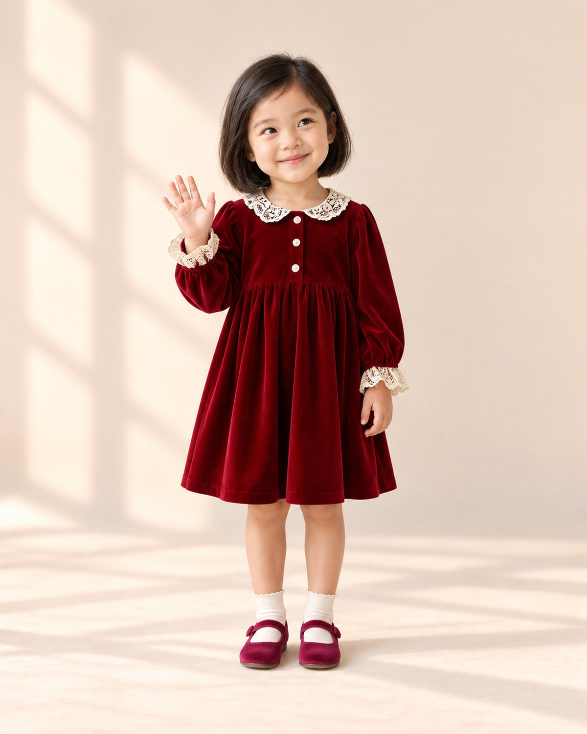 Front view of a girl in the red velvet lace collar dress, white ankle socks and burgundy velvet shoes, full length – Red