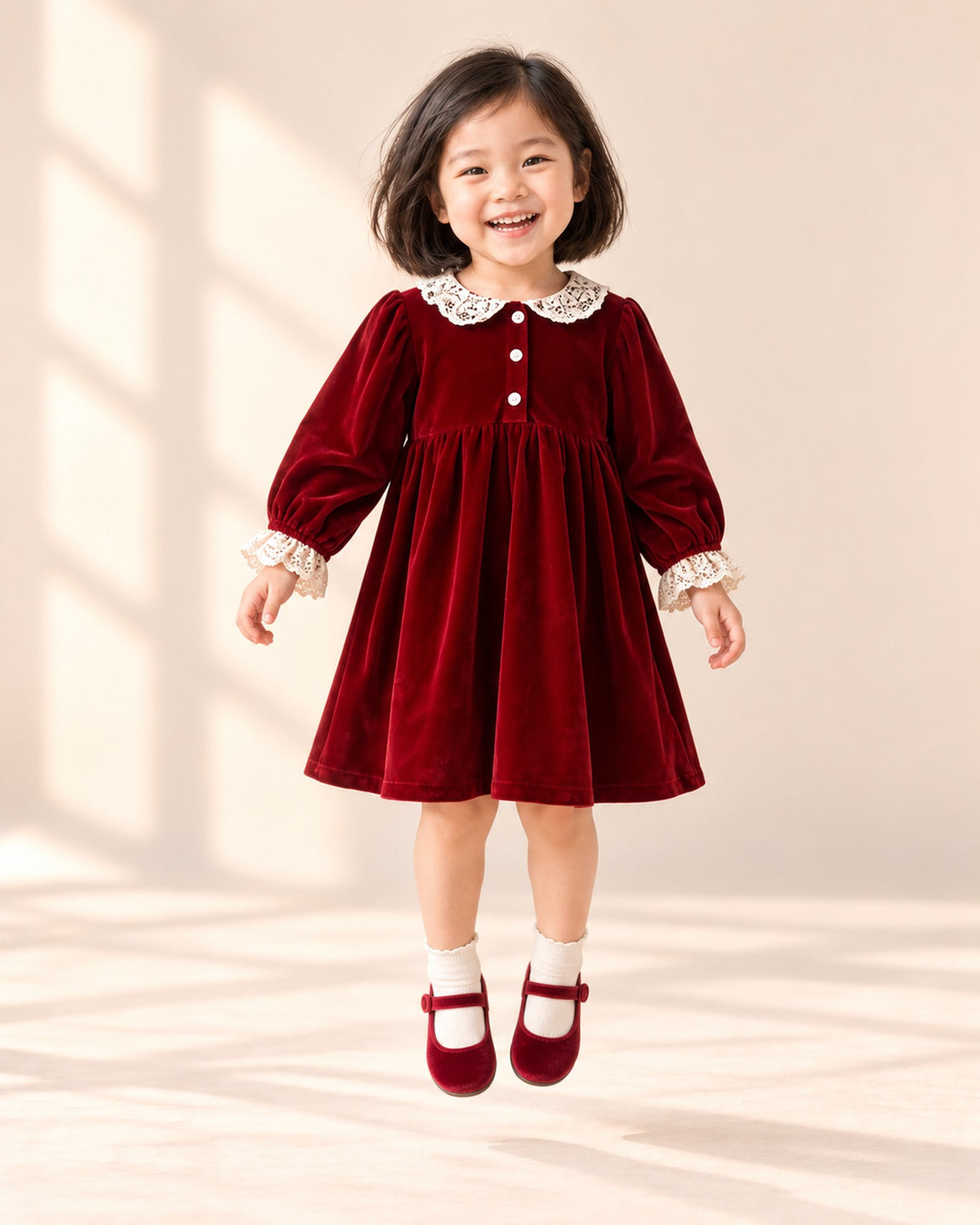Girl smiling in the red velvet dress and burgundy velvet shoes – Red