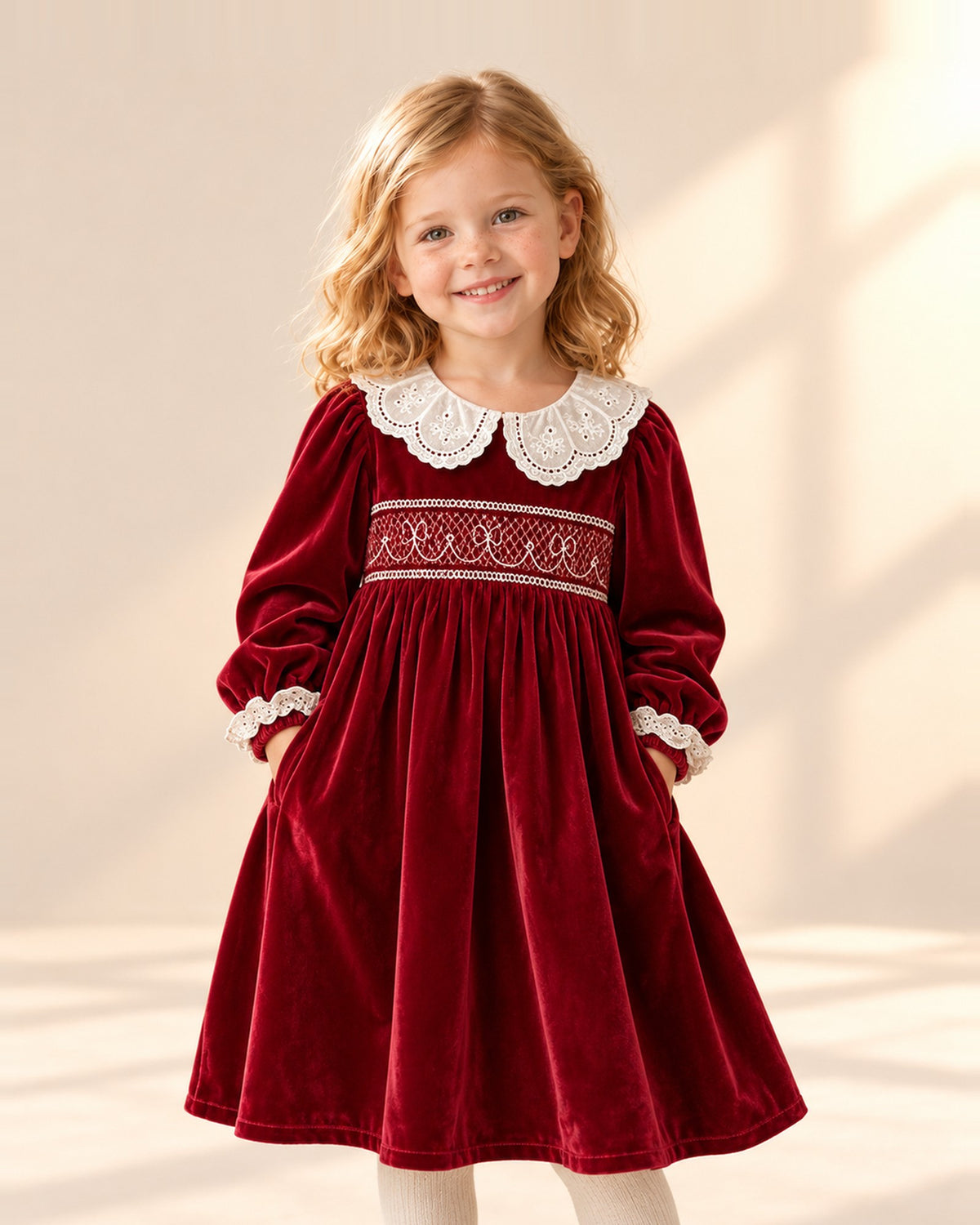 Girl in the Stella red velvet smocked dress with a wide white lace collar, shown from head to hem – Red