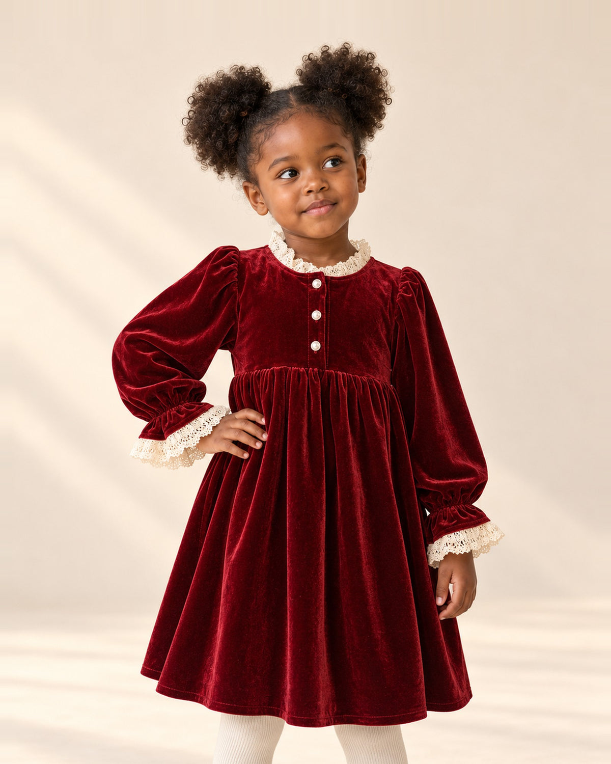 Girl in the Tessa deep red velvet dress with ruffled lace cuffs, shown from head to hem – Red