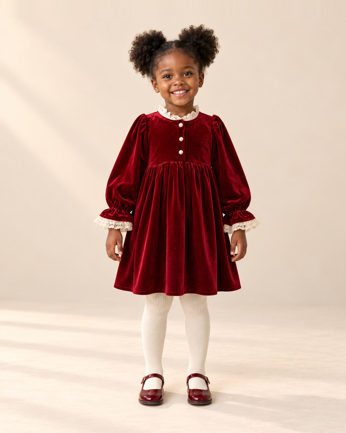 Front view of a girl in the red velvet ruffle sleeve dress, cream ribbed tights and burgundy shoes, full length – Red