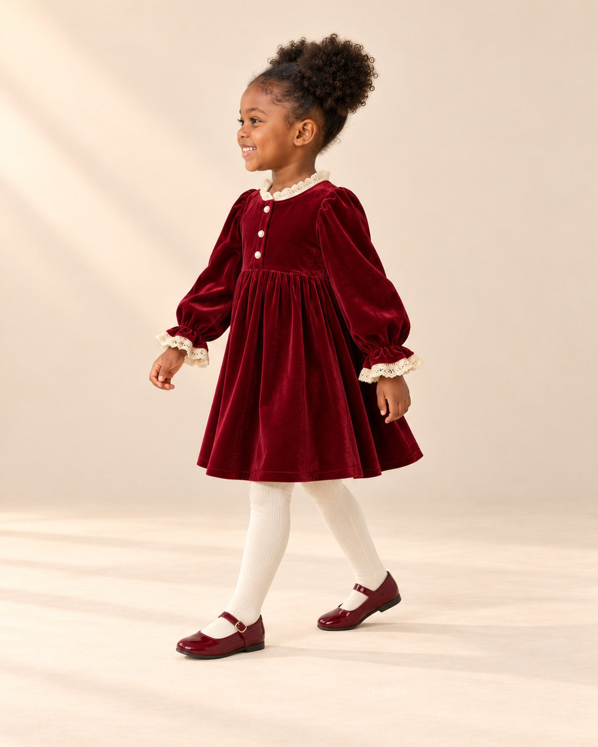 Side view of the velvet dress showing the puffed sleeves and gathered skirt – Red