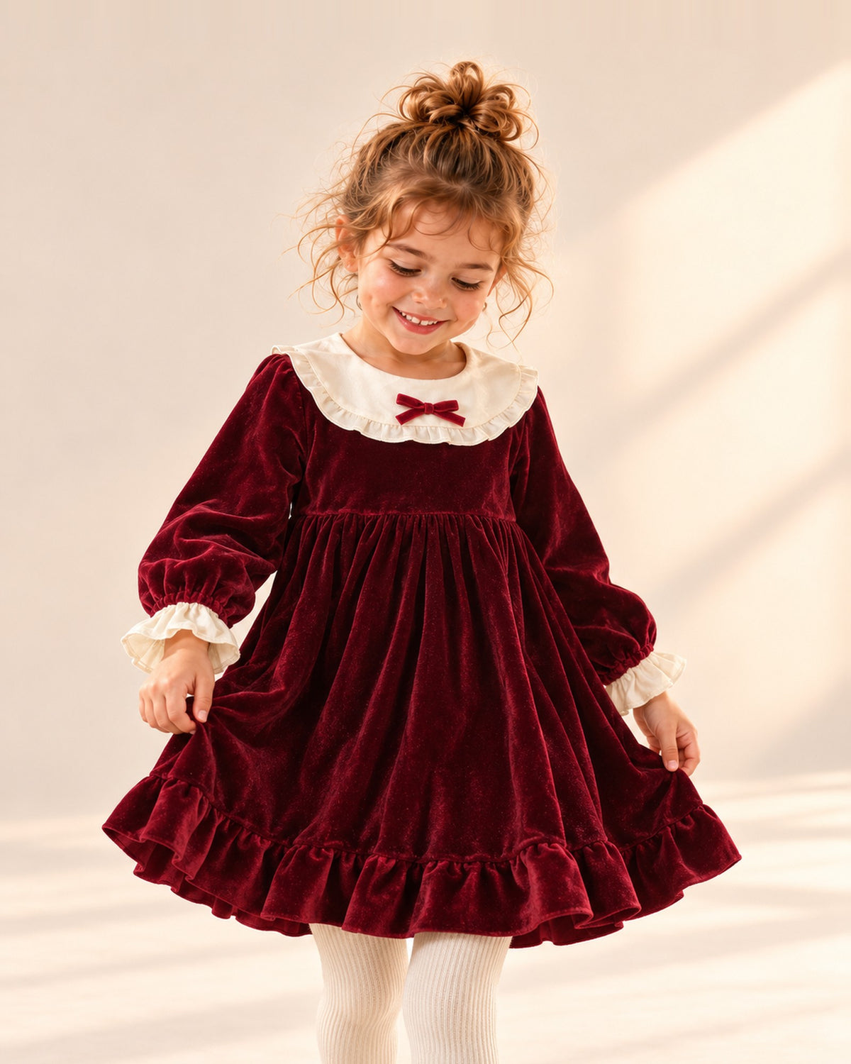 Girl in the Vivian burgundy velvet dress with a cream bow collar, shown from head to hem – Burgundy