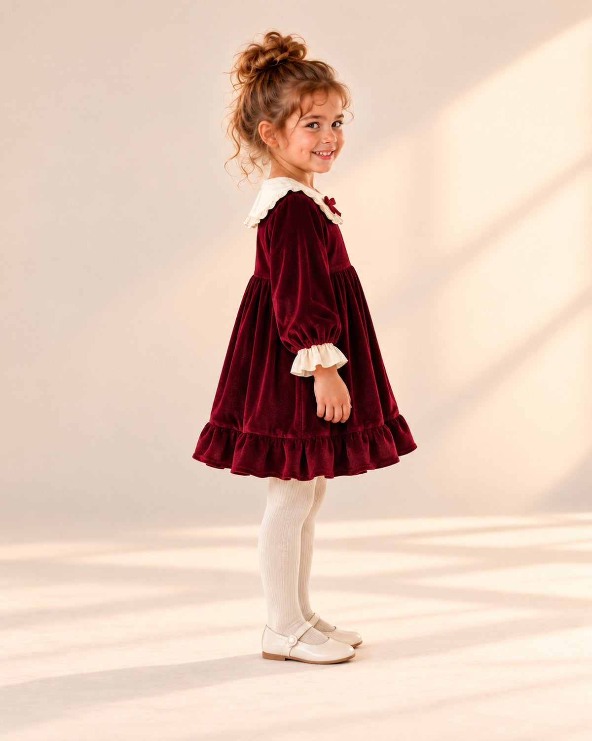 Side view of the burgundy dress showing the ruffle hem and cream cuffs – Burgundy