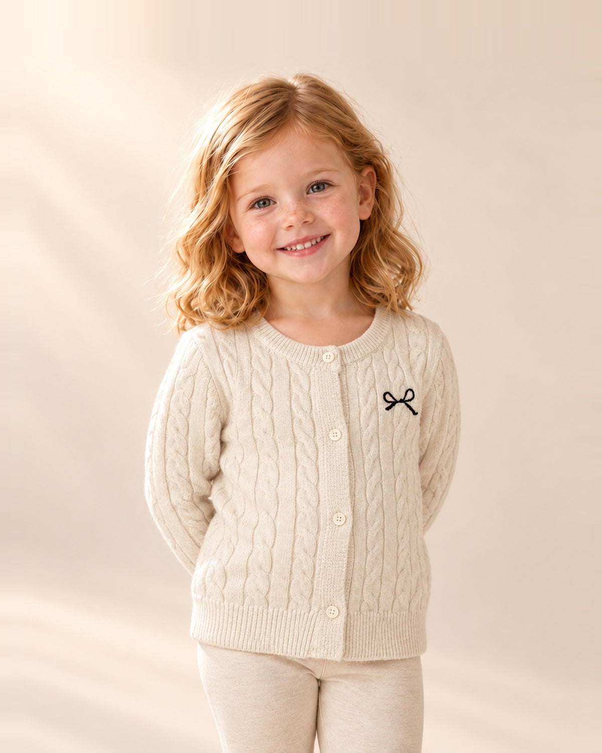 Girl in the Sophie cream cable knit cardigan with a black bow, shown from head to hem – Cream