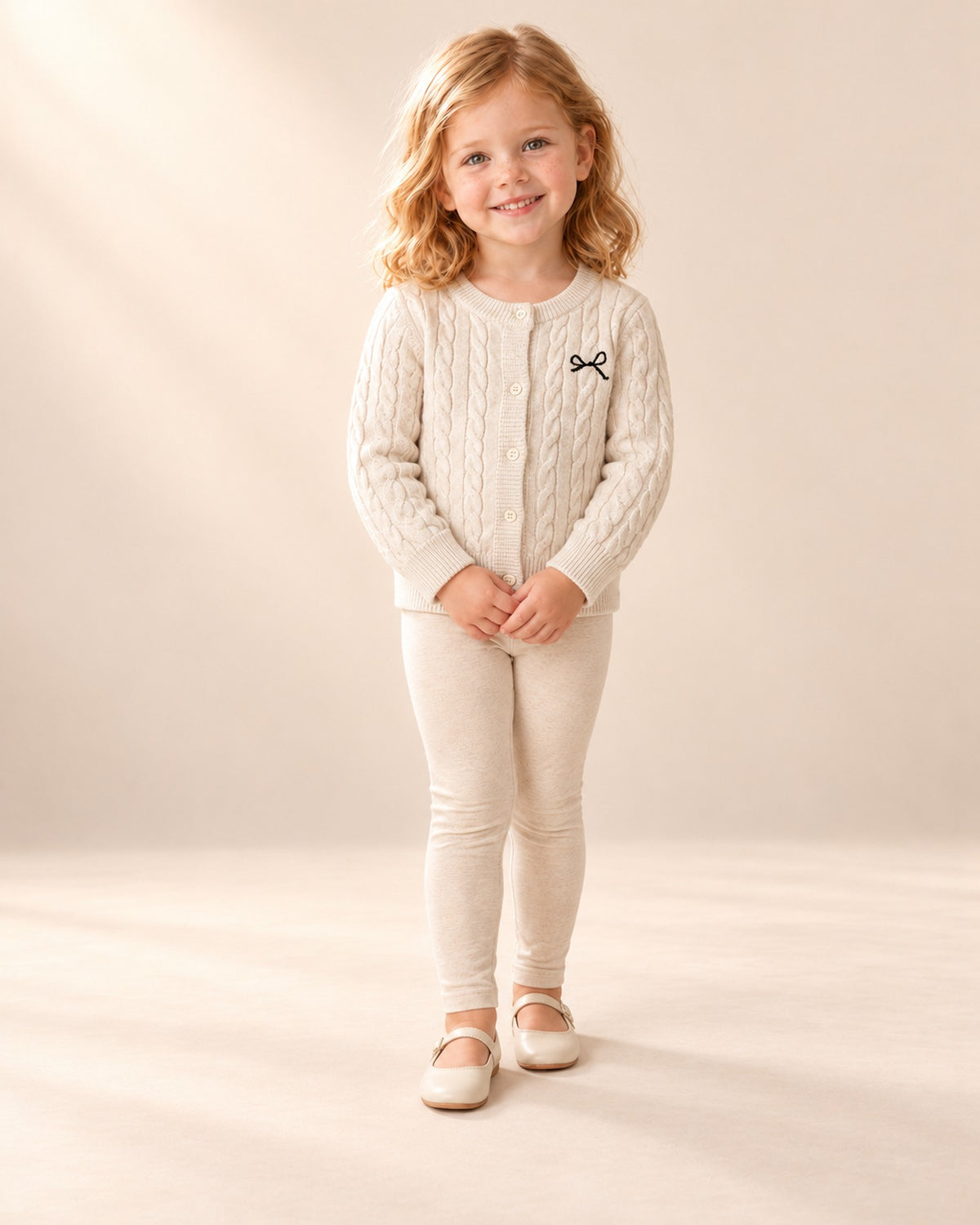 Front view of a girl in the cream cardigan worn open over a pink smocked floral dress, full length – Cream