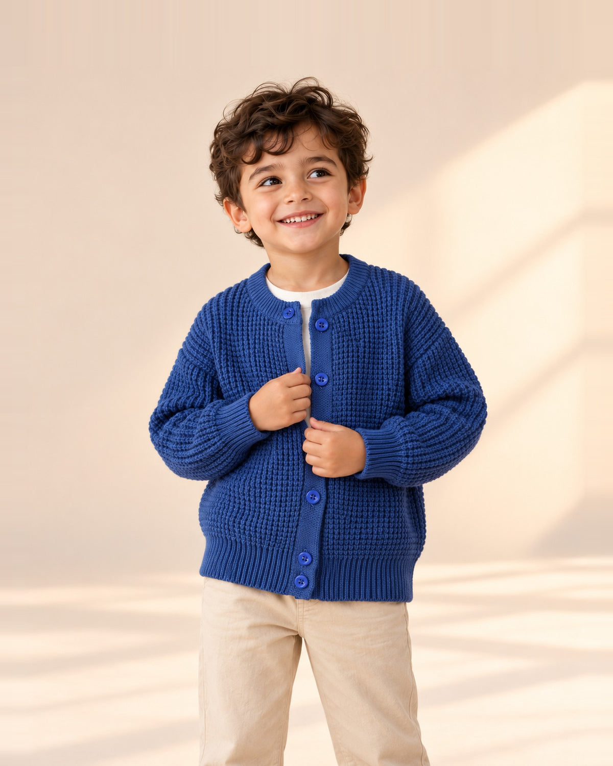Boy in the Wesley cobalt blue waffle knit cardigan, shown from head to hem – Cobalt Blue